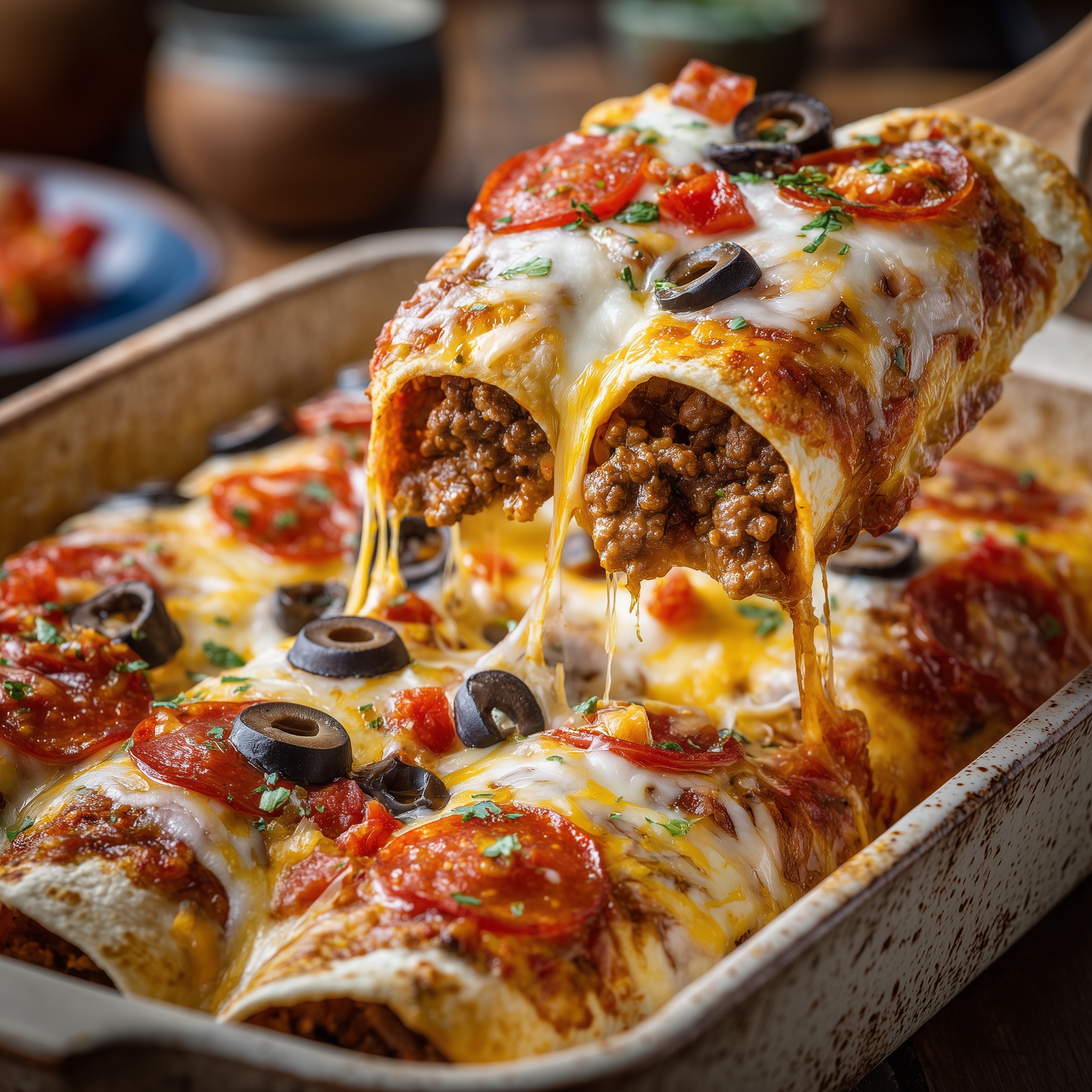 Beef Pizza Enchiladas