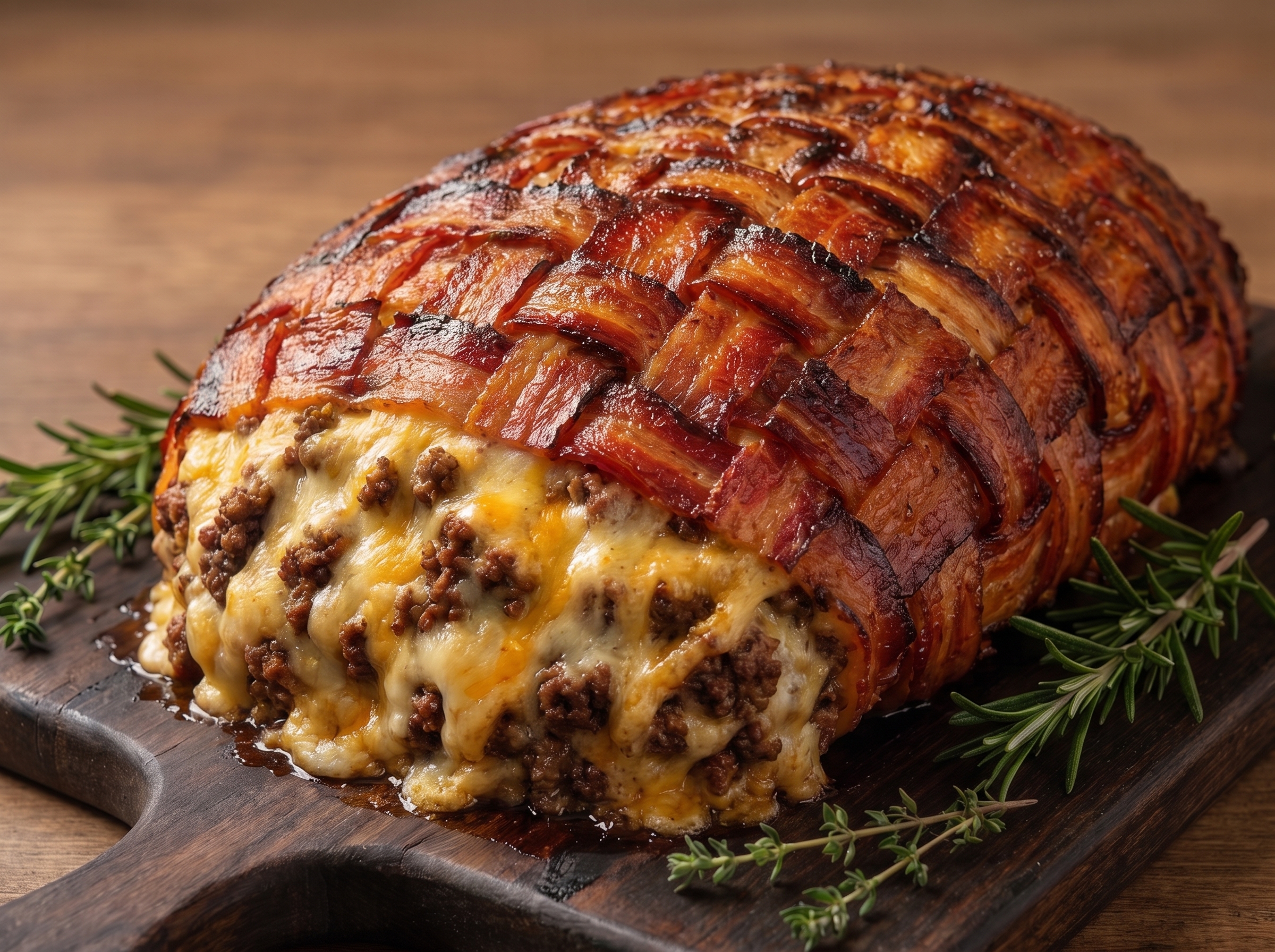 Bacon-Weave Mac and Cheese Stuffed Meatloaf